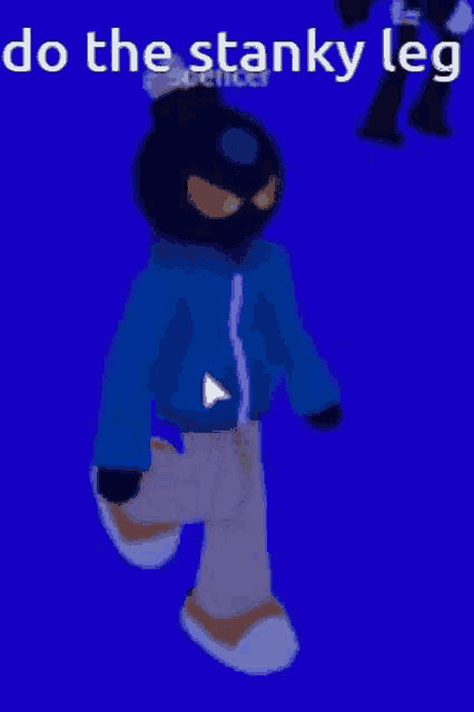 a cartoon character is standing on one leg on a blue background with the text do the stanky leg .