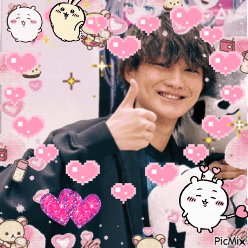 a man giving a thumbs up surrounded by pink hearts and stickers