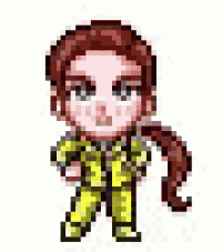 a pixel art illustration of a girl in a yellow suit .