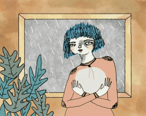 a drawing of a woman with blue hair holding a heart in front of a window