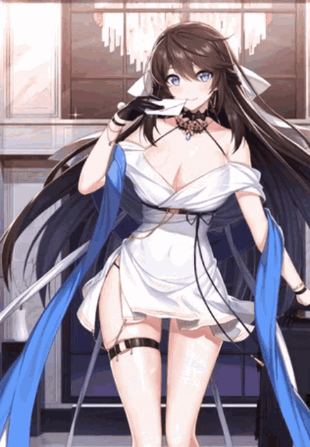 a woman in a white dress with a blue scarf around her neck