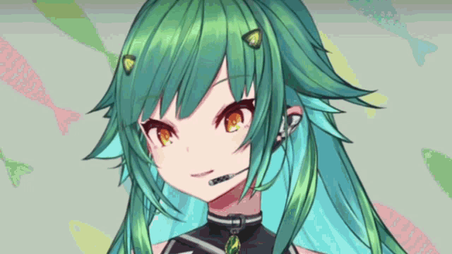 a close up of a girl with green hair and a microphone
