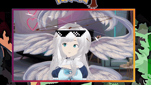 a girl with white hair and wings wearing sunglasses with a pokemon logo behind her