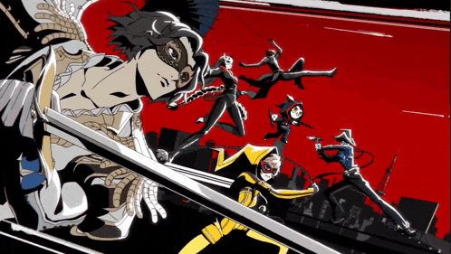a group of cartoon characters are fighting with swords and masks