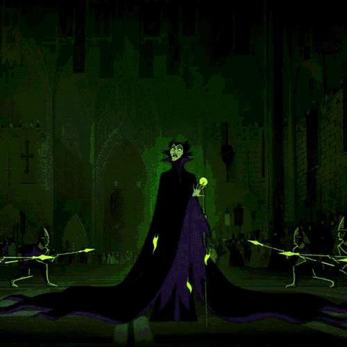 a cartoon of maleficent is surrounded by green flames and skeletons