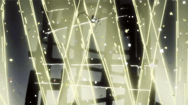 a spider is flying through the air in front of a grid of lines .