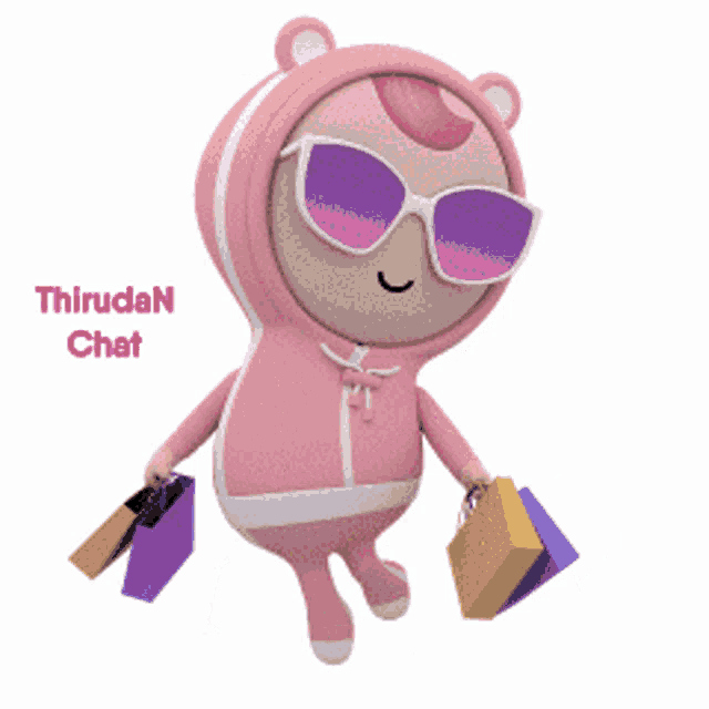 a cartoon character is wearing sunglasses and holding shopping bags with the words thirudan chat above him