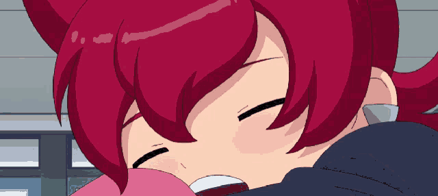 a close up of a red haired anime girl with her eyes closed