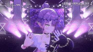 a girl with purple hair and green eyes is dancing on a stage with purple lights