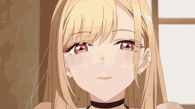 a close up of a blonde anime girl with red eyes and a choker around her neck