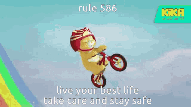 a teddy bear wearing a helmet is riding a bike on a rainbow ..