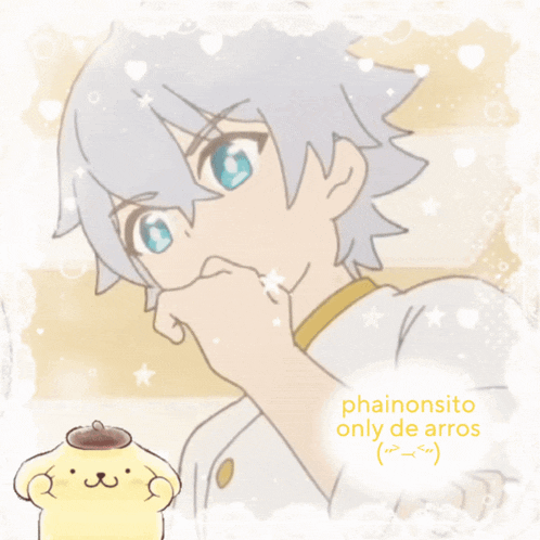 a drawing of a boy and a pompompurin with the words phainonsito only de arros