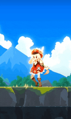 a pixel art of a girl walking on a cliff with mountains in the background