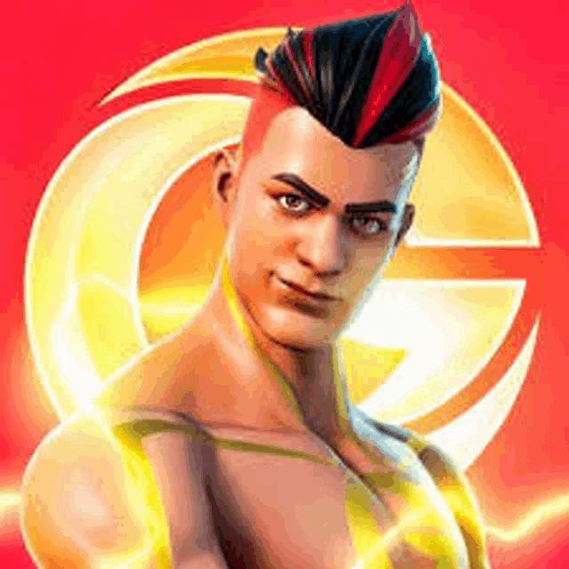 a shirtless man with red hair and a mohawk is standing in front of a red background .