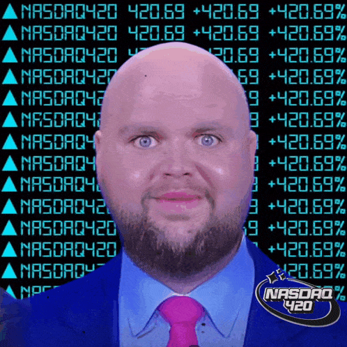 a bald man in a suit and tie stands in front of a wall of nasdaq numbers