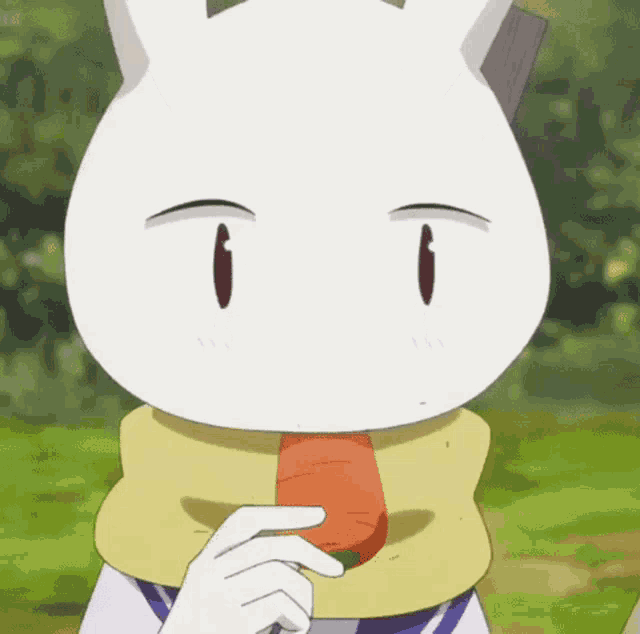 a white rabbit with a scarf around its neck is holding a carrot in its mouth
