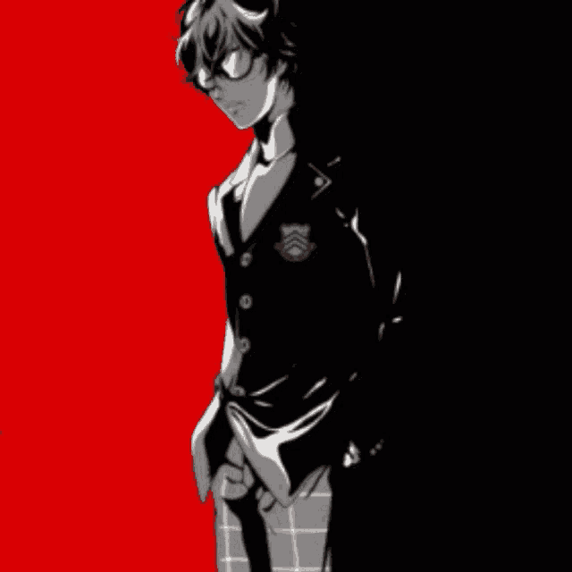 a black and white drawing of a person on a red and black background