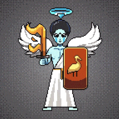 a pixel art of an angel holding a sword and shield with the letter tt on it