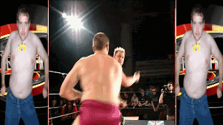 a man without a shirt is standing in a wrestling ring with two other men