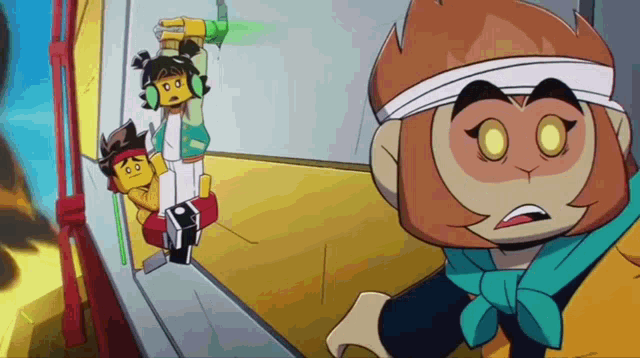 a group of cartoon characters are standing next to each other and one of them is a monkey .