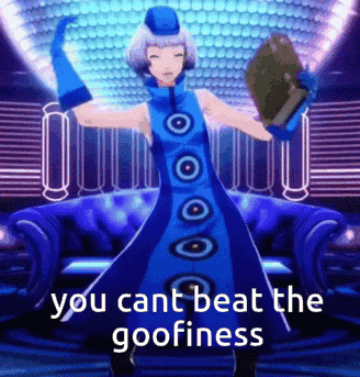 a woman in a blue dress is dancing in front of a couch with the words `` you can t beat the goofiness '' .