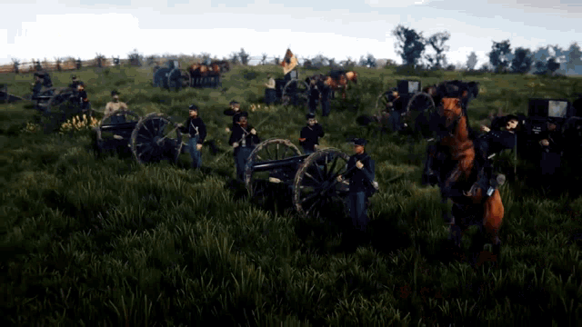 a group of soldiers are standing in a grassy field with cannons