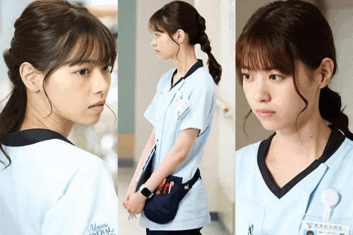 a woman wearing a blue scrub top that says ' yamaguchi central ' on it