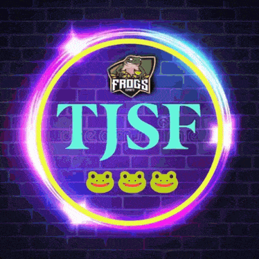 a neon sign that says tjsf with three frogs