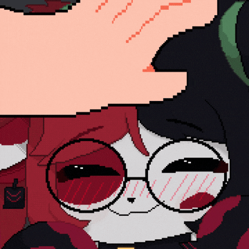 a pixel art drawing of a girl with glasses and red eyes