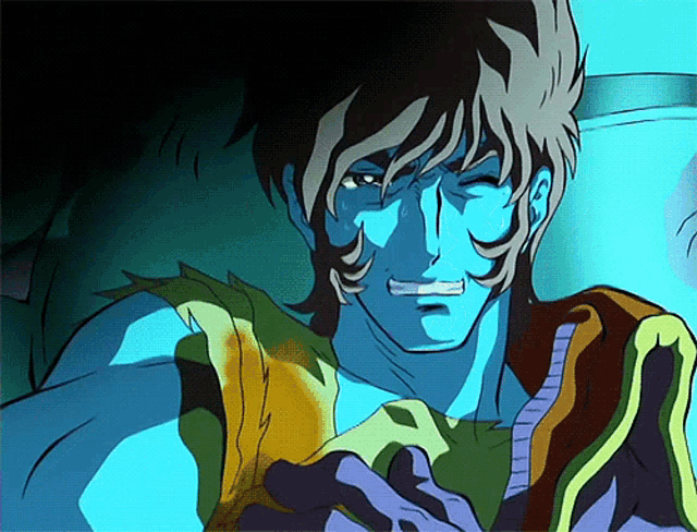 a cartoon of a man with blue hair and a yellow shirt