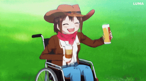 a girl in a wheelchair is holding a glass of beer .