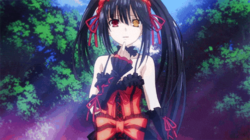 a girl with long black hair and red eyes is standing in a forest .