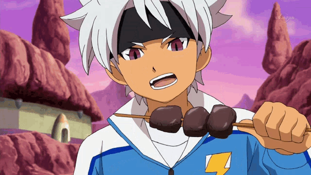 a cartoon character with a lightning bolt on his shirt is holding a skewer of food