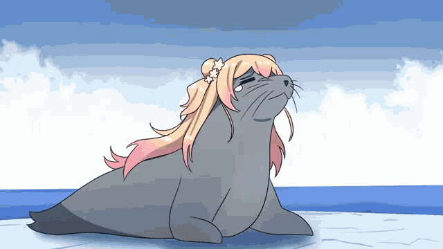 a seal with a flower in its hair is sitting on ice