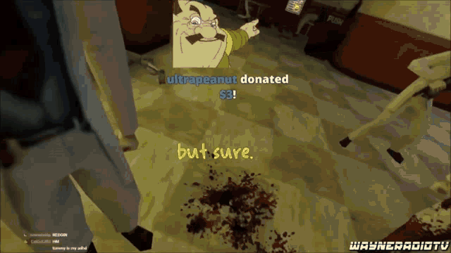 a cartoon of a man with a mustache and the words " ultrapeanut donated $ 3 but sure "