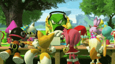 a group of cartoon characters are sitting around a table eating