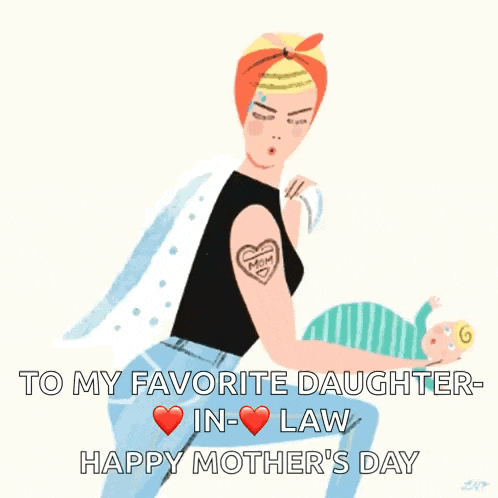 a woman with a tattoo on her arm is holding a baby and says " to my favorite daughter in-law happy mother 's day "