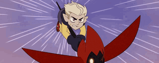 a cartoon character is flying through the air with a red wing