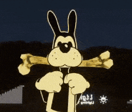 a cartoon dog is holding a large bone in his mouth ..