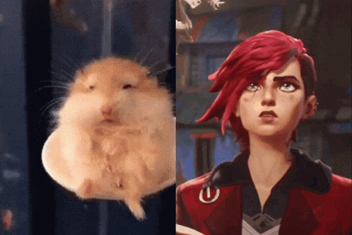 a hamster next to a woman with red hair