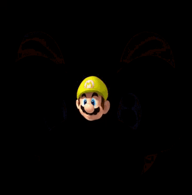 a close up of a cartoon character 's face with a yellow hat .