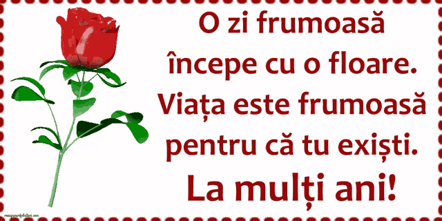a greeting card with a red rose and the words o zi frumoasa