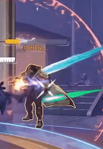 a video game character is holding a sword and says " dont cry " on the bottom