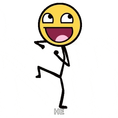 a stick figure with a smiley face on it is dancing with the word he below it .