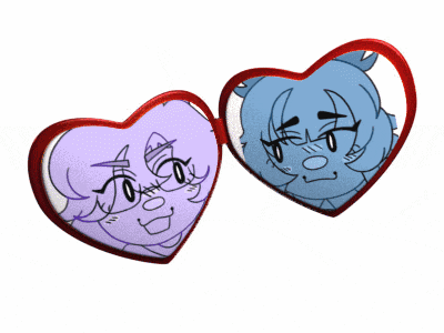 two heart shaped mirrors with cartoon faces inside of them