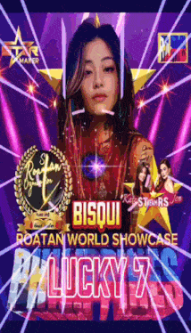 a poster for bisqui roatan world showcase with a woman on it