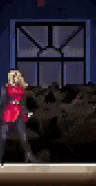 a pixel art of a woman in a red dress standing in front of a window .