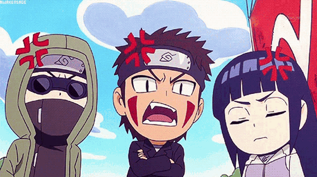 a group of anime characters are standing next to each other and one of them has a bandana with the letter g on it