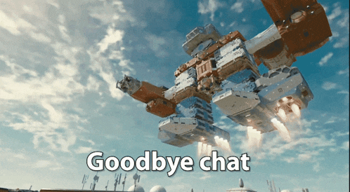 a robot flying through the air with the words goodbye chat written below it