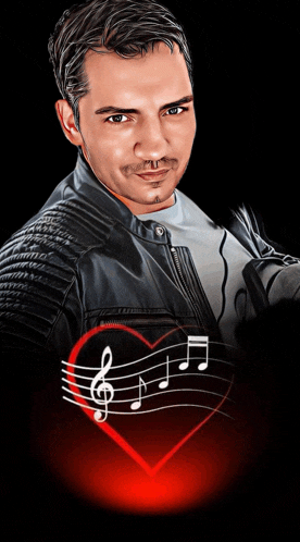 a man in a leather jacket is surrounded by music notes